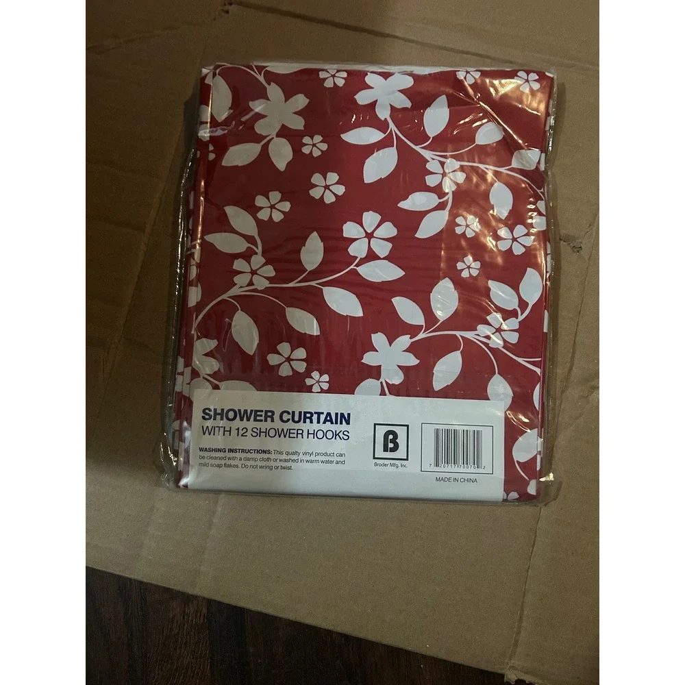 Broder Mfg Red White Floral Vinyl Shower Curtain Set with 12 Hooks 70x72 New
